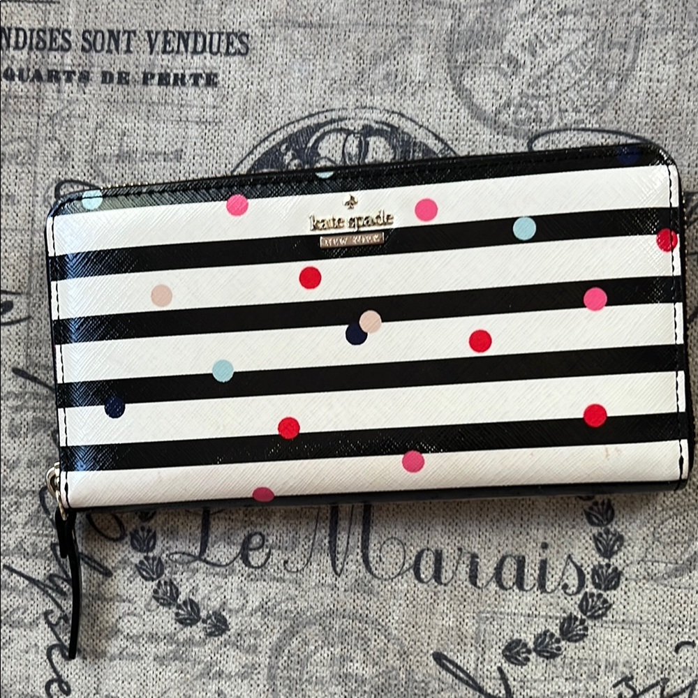 kate spade Black & White Stripe Polka Dot Zip Wallet